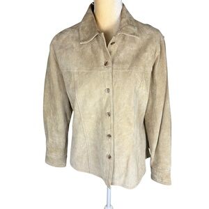 AMI Suede Shirt Jacket Womens Size Large Tan Button‎ Front Genuine Leather Vtg